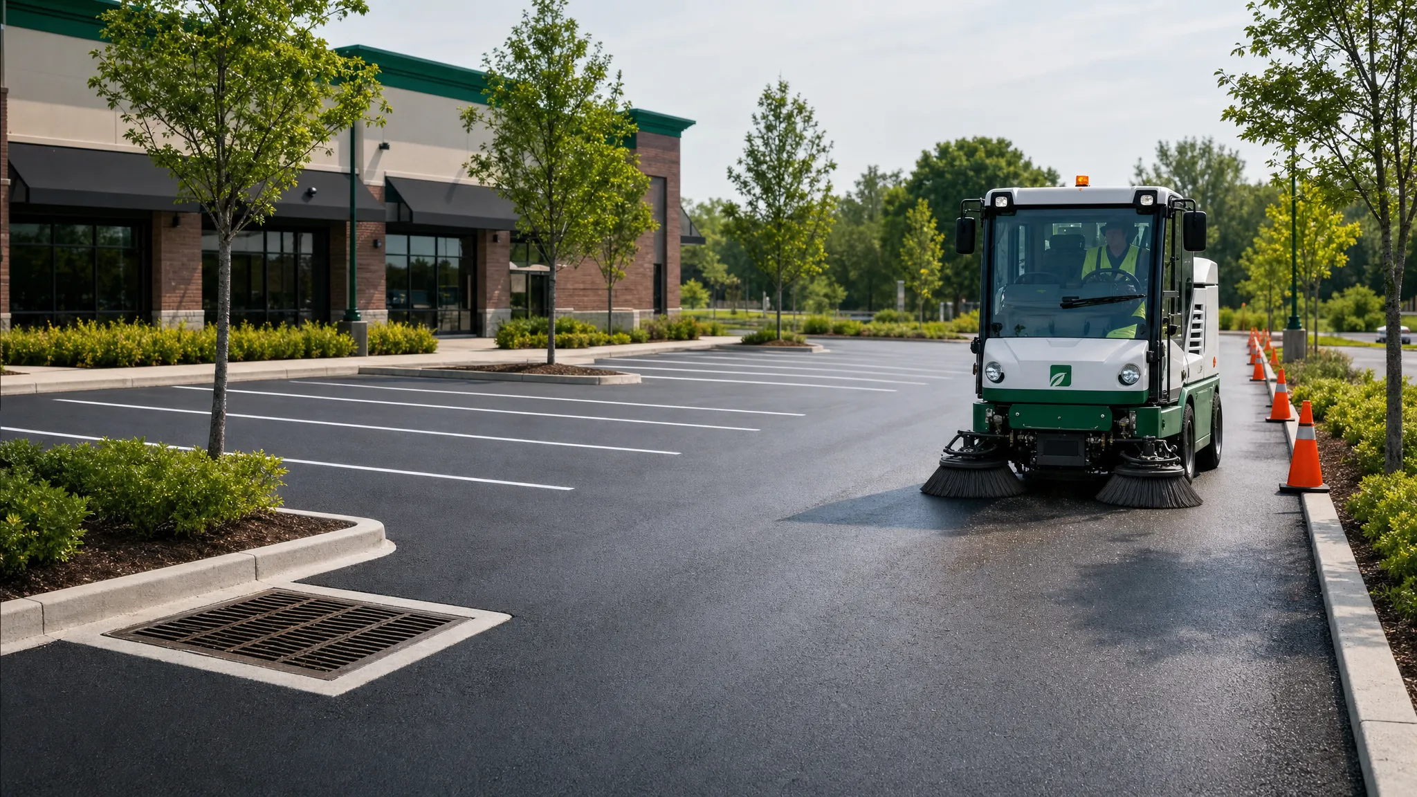 A freshly paved commercial parking lot with clean curb lines, cleared storm drain inlets, cones along the edge, and a street sweeper finishing the access lane after asphalt work.