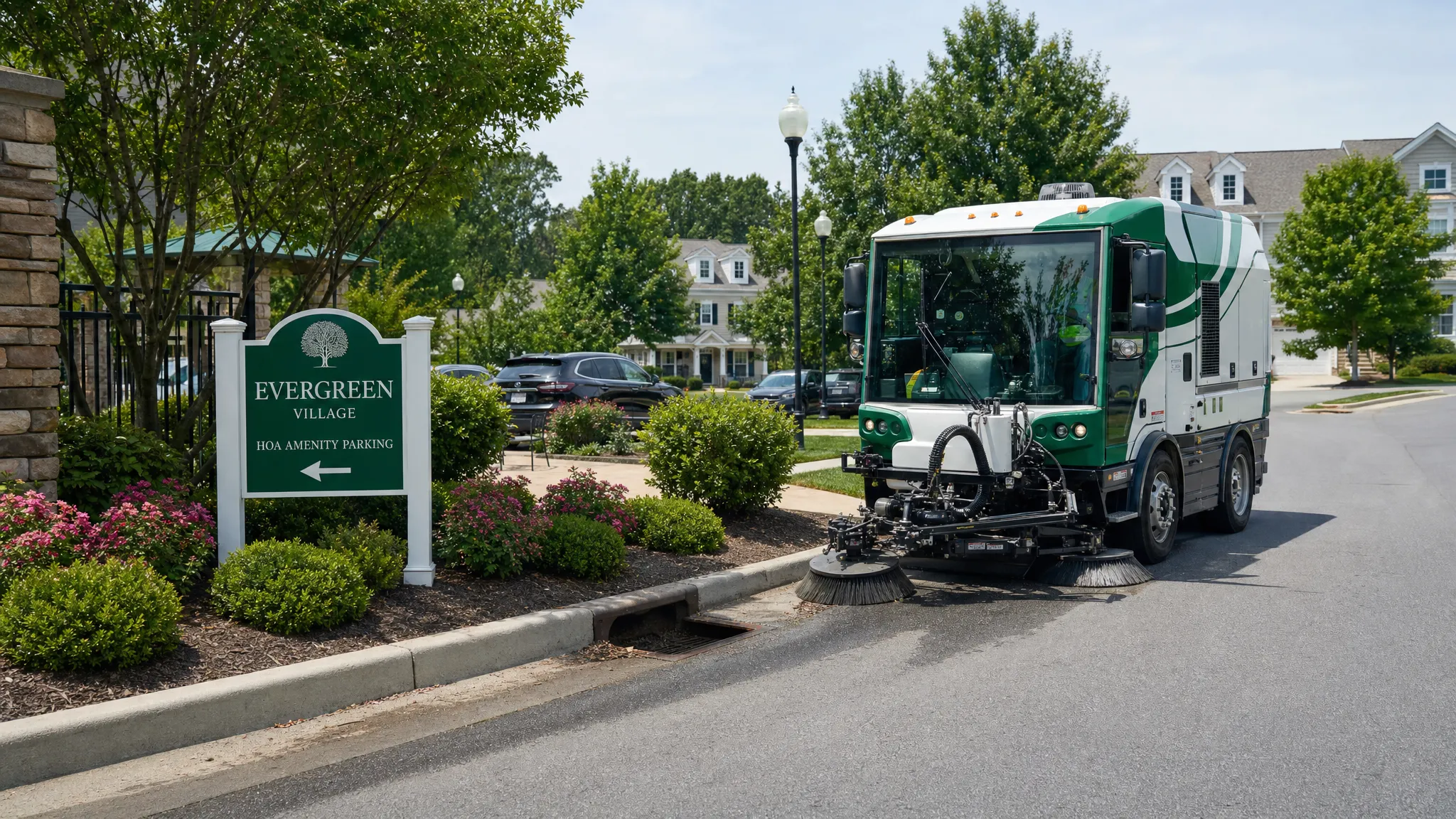 A residential neighborhood street with clear curb lines, open storm drains, landscaped entrances, and a professional sweeper truck working near an HOA amenity parking area.