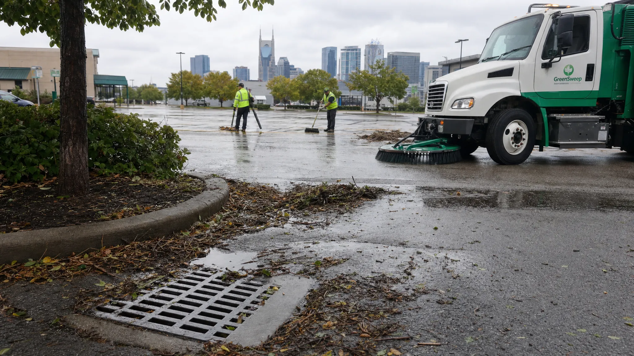 A Nashville commercial parking lot after a heavy storm, with leaves, small branches, mud, and sediment gathered along curb lines and around a storm drain while a sweeping crew prepares to clear drive lanes.