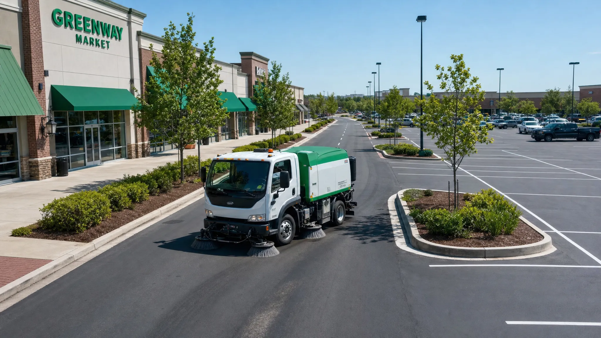 A clean retail center parking lot with storefront sidewalks, marked parking spaces, landscaped islands, and a sweeping truck maintaining curb lines and drive lanes.