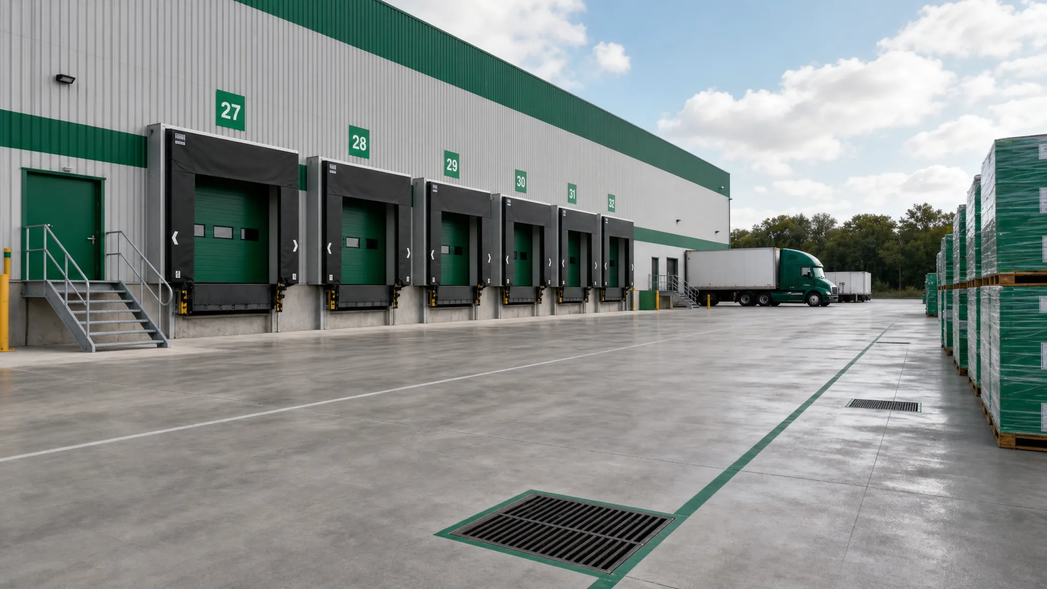 A clean industrial loading dock with swept pavement, organized pallets, clear truck lanes, visible dock doors, and storm drain grates near a warehouse exterior.