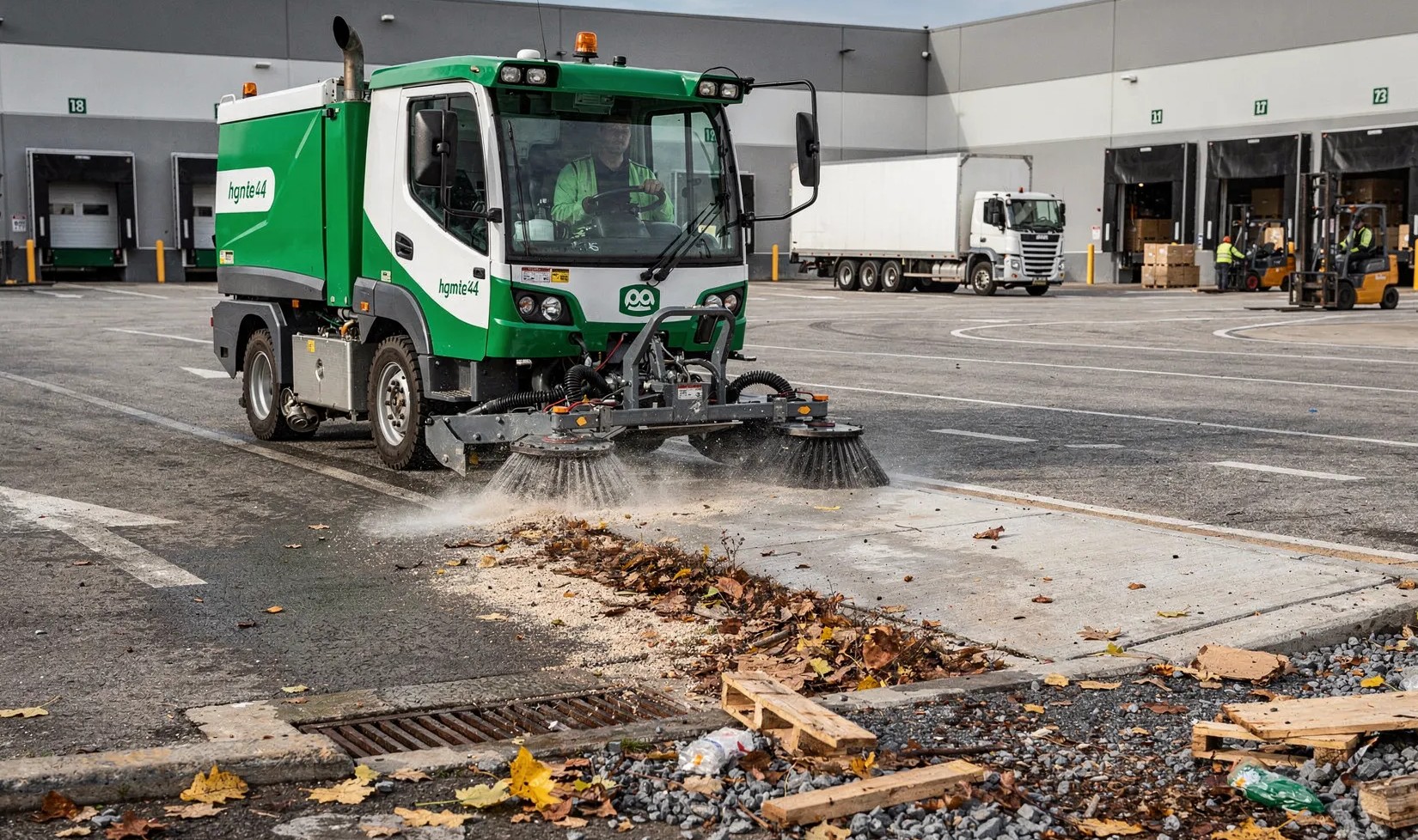 Green and white commercial street sweeper truck cleaning debris, leaves, and dirt outside a warehouse loading dock.