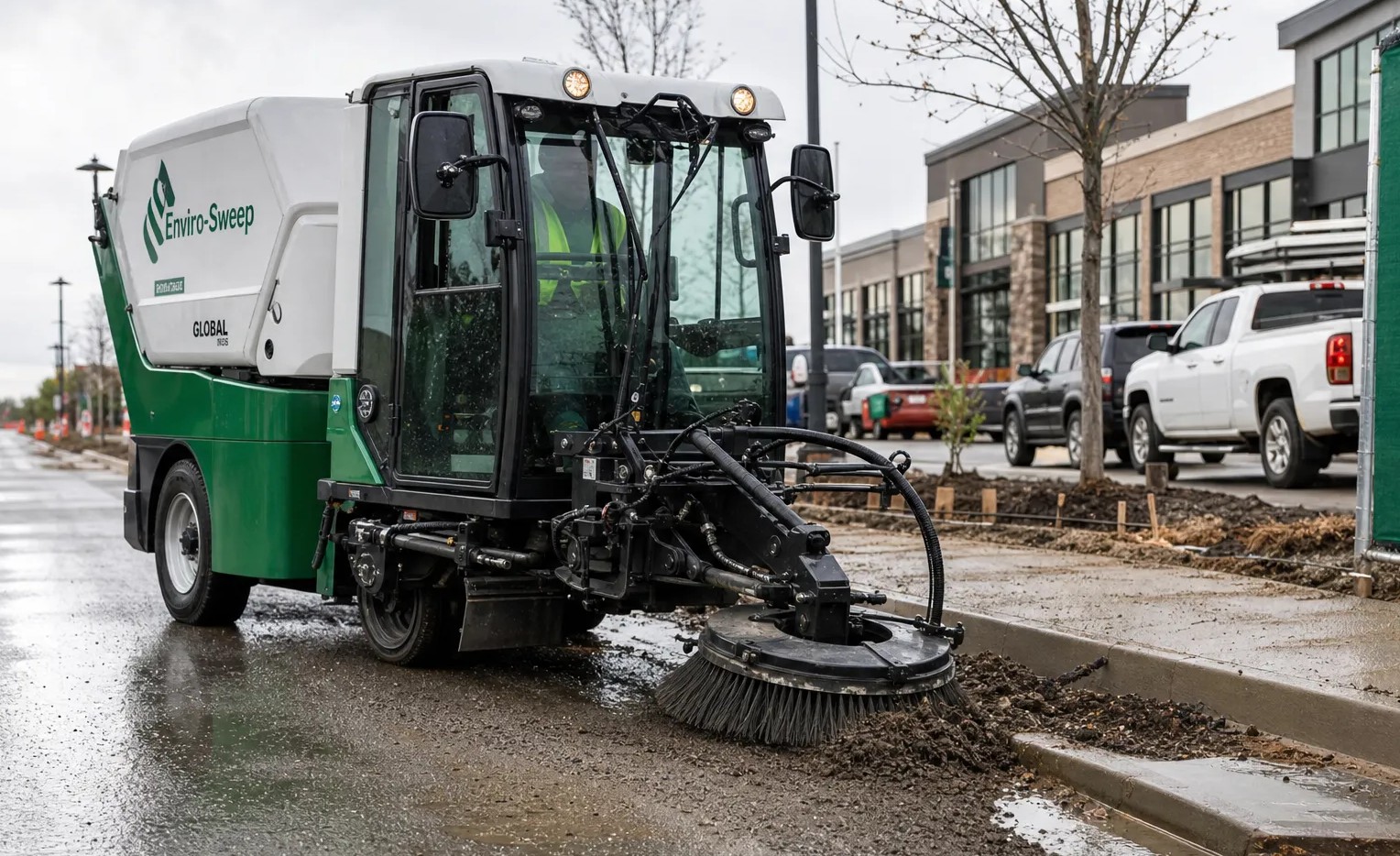 Compact street sweeper clearing dirt and mud from a curb outside a new construction development.