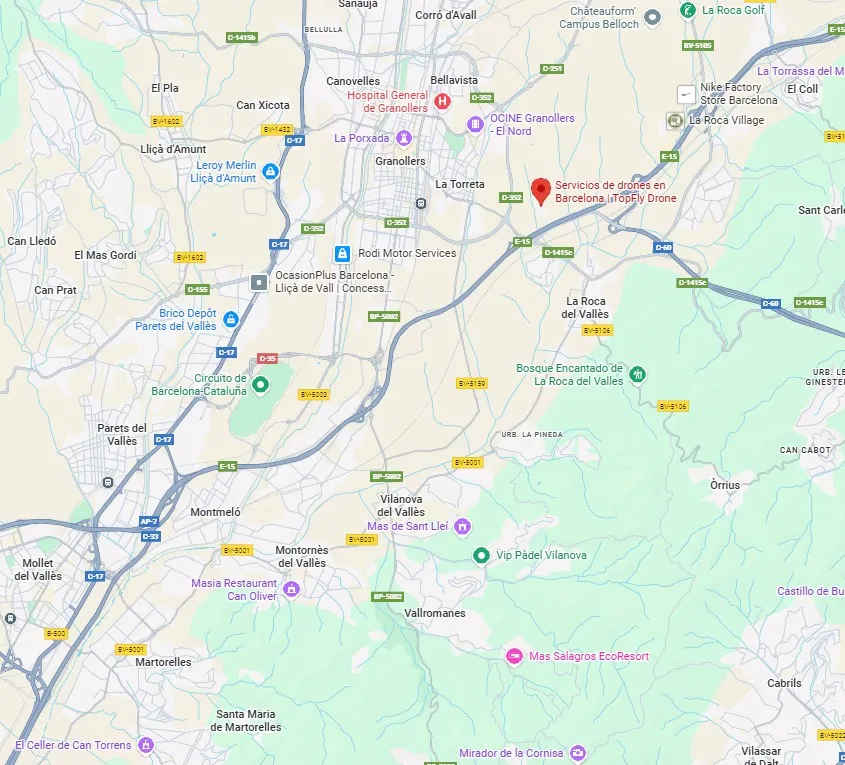 Mapa de ubicación de TopFly Drone en Cataluña, empresa especializada en servicios profesionales con drones para producciones audiovisuales, eventos y proyectos corporativos.