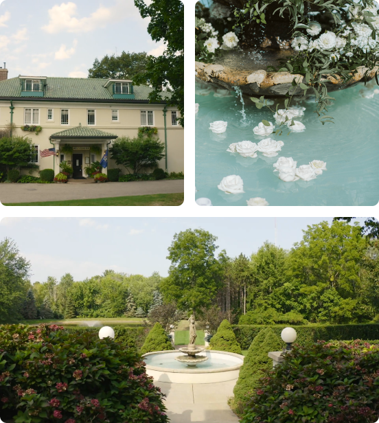 Collage of manicured garden grounds and estate views at Belvedere Estate, Saugatuck Michigan