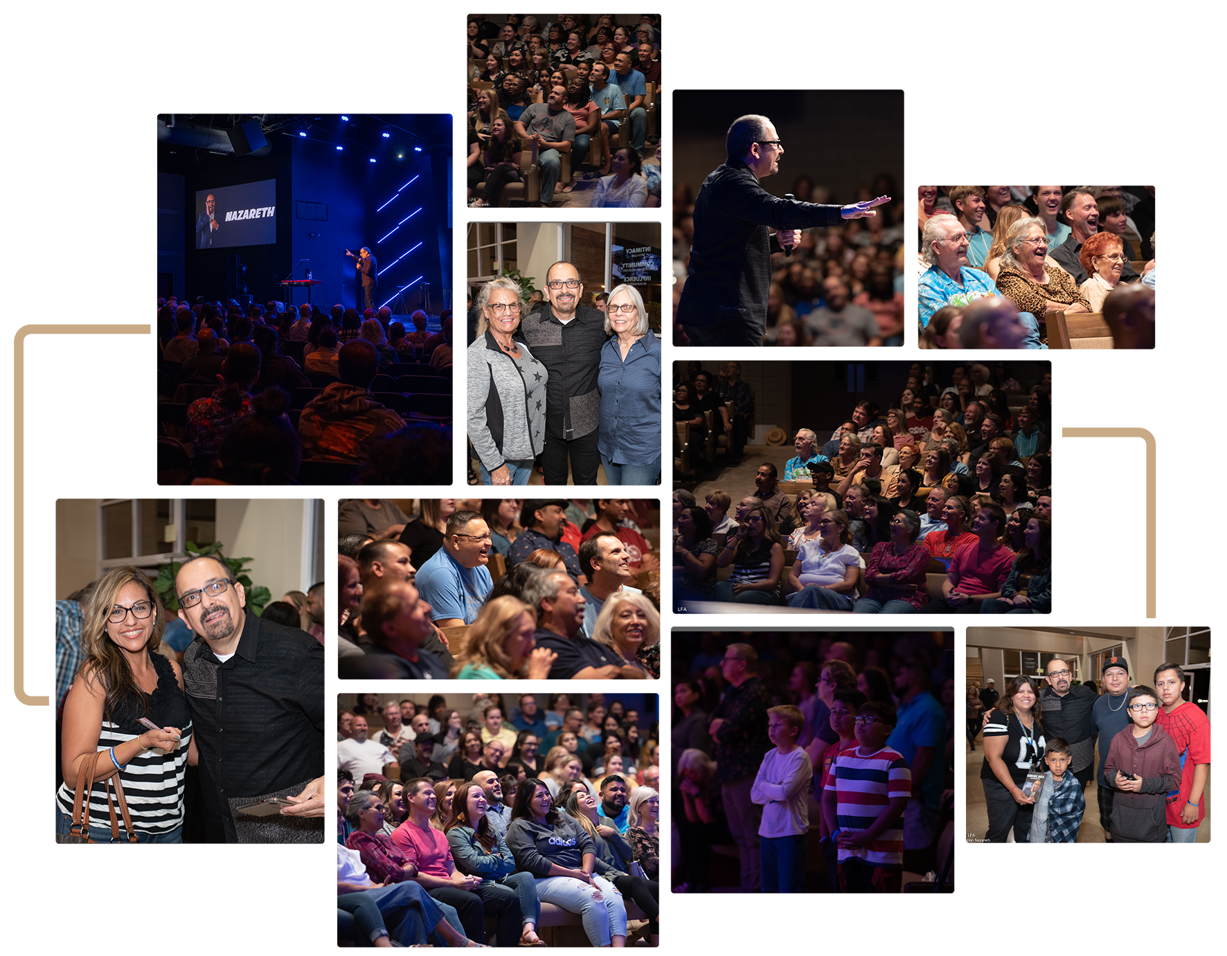 Nazareth Church community gathered for a live worship service featuring a speaker on stage and an engaged diverse audience sharing moments of connection and celebration inside the church auditorium.