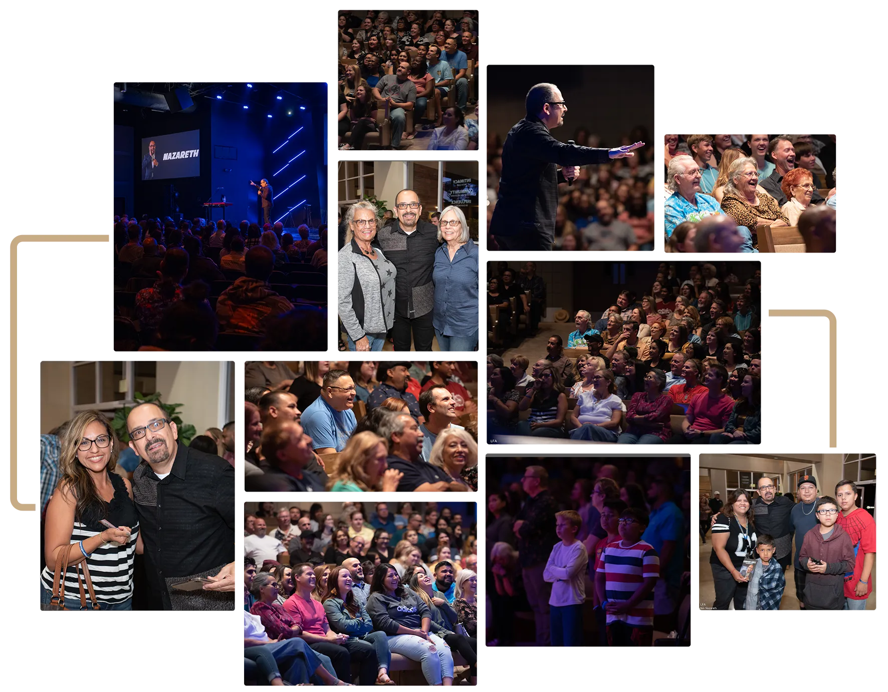 Nazareth Church community gathered for a live worship service featuring a speaker on stage and an engaged diverse audience sharing moments of connection and celebration inside the church auditorium.