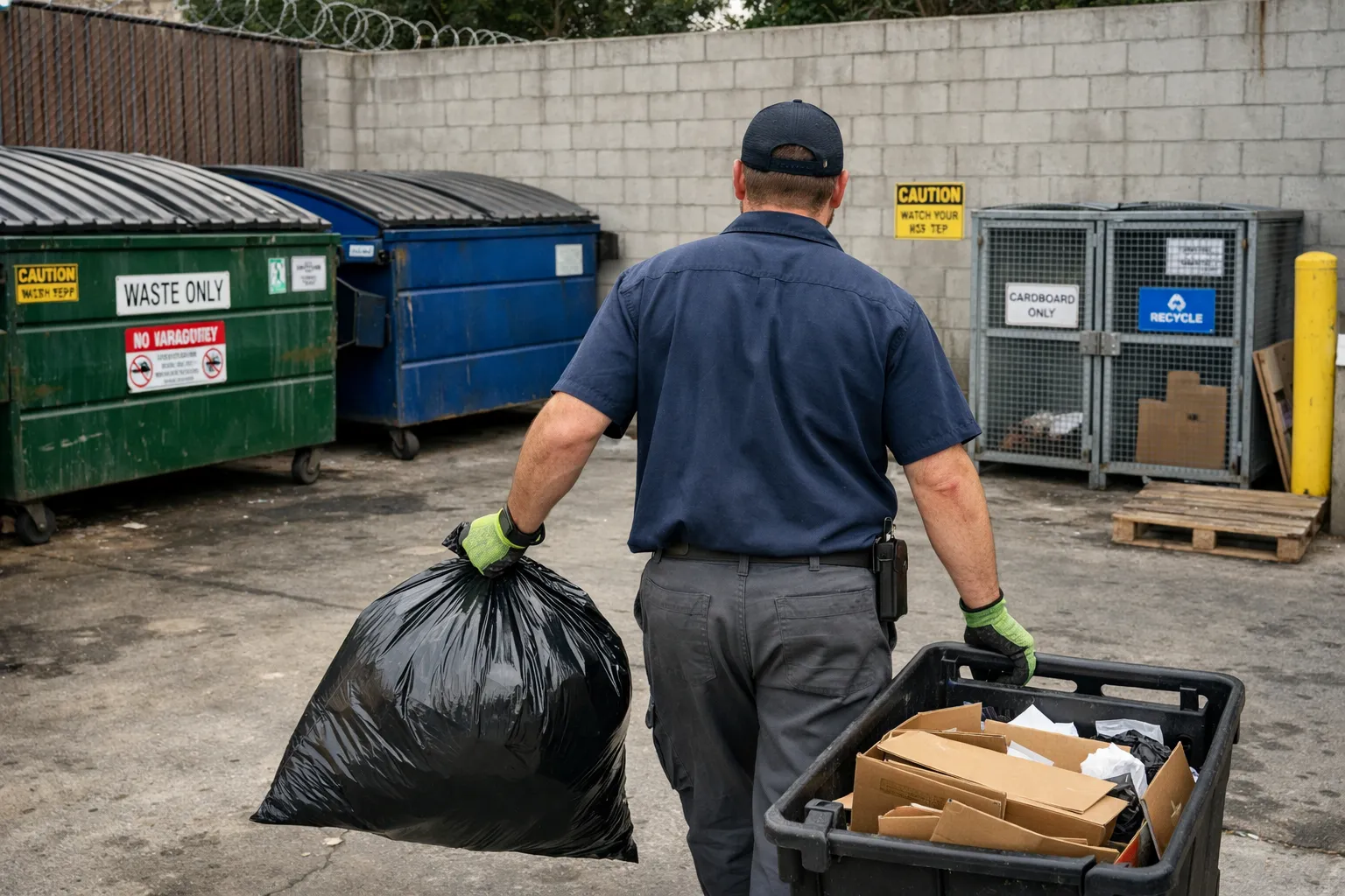 Worker in uniform carrying a large black garbage bag and a bin filled with flattened cardboard near labeled recycling and waste dumpsters.