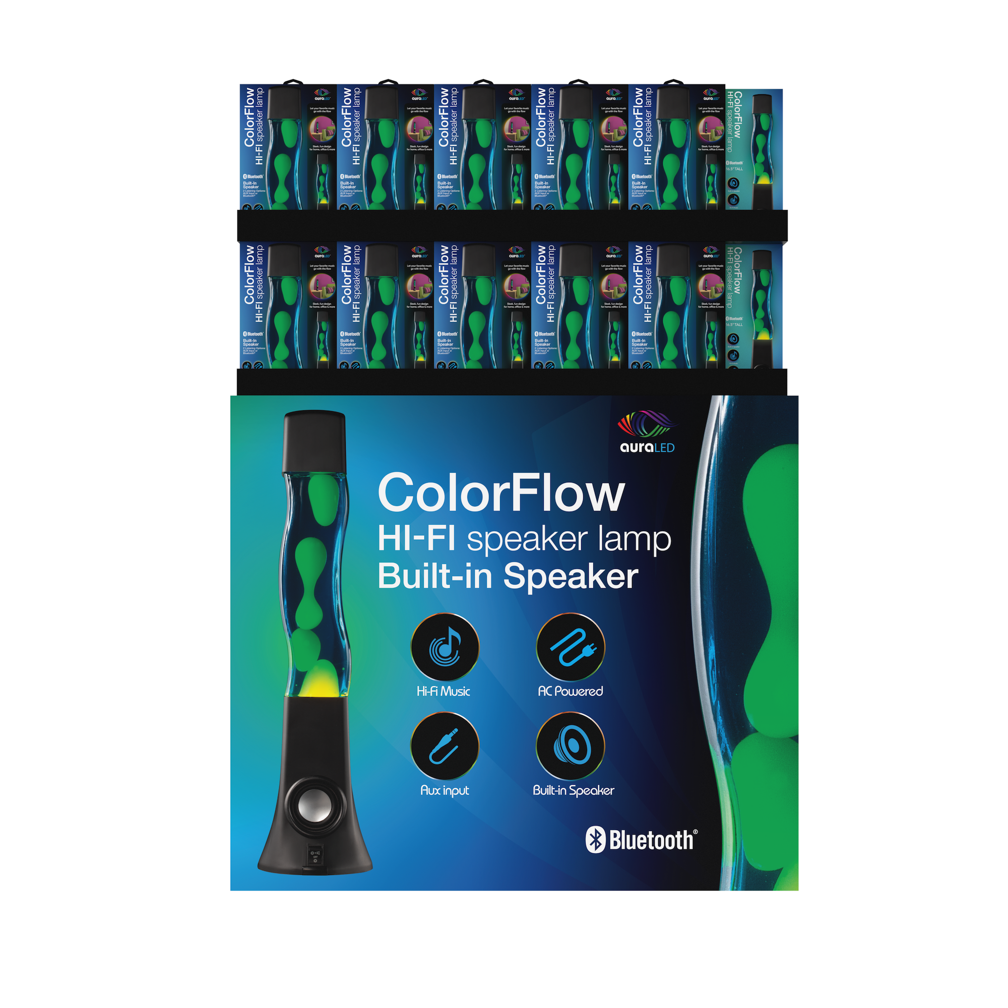 ColorFlow HI-FI speaker lamp with built-in speaker and Bluetooth, showing lamp with green lava inside and icons for Hi-Fi music, AC power, aux input, and built-in speaker.