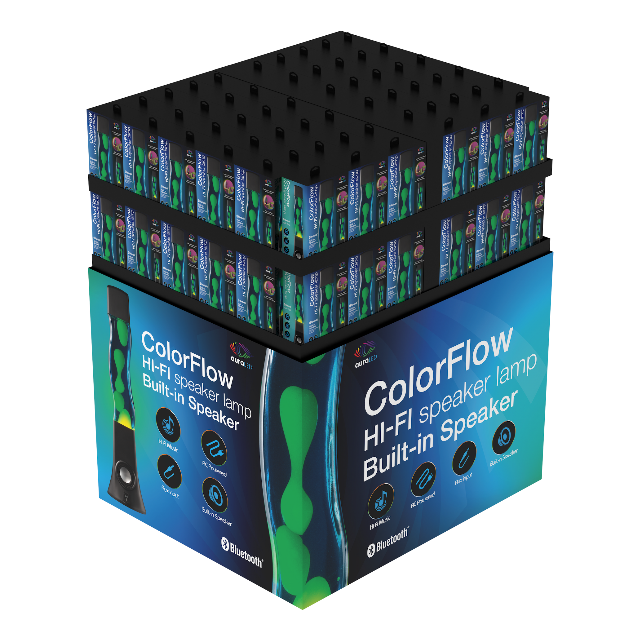 Box packaging for ColorFlow Hi-Fi speaker lamp with built-in Bluetooth speaker and auxiliary input.