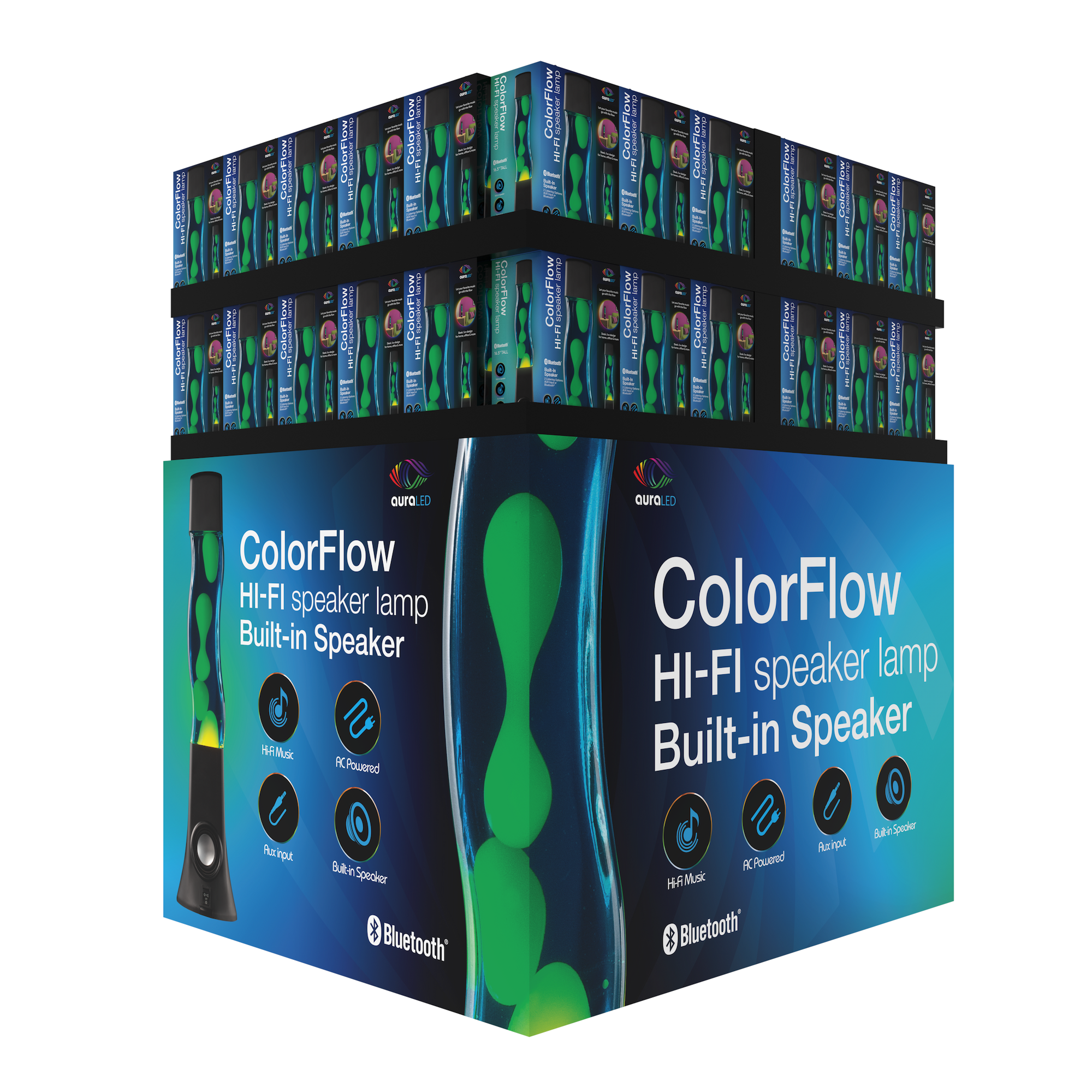 Display box of ColorFlow HI-FI speaker lamp with built-in speaker and Bluetooth, showing a black lamp with green liquid inside.