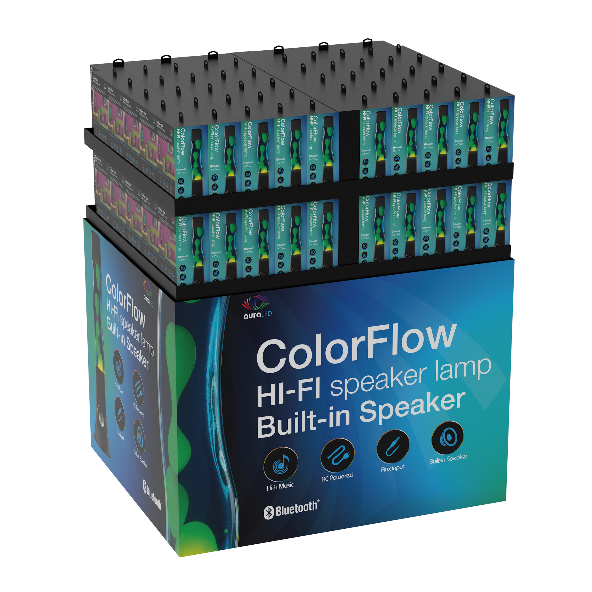 Stacked boxes of ColorFlow HI-FI speaker lamps with built-in Bluetooth speakers and liquid motion visuals.