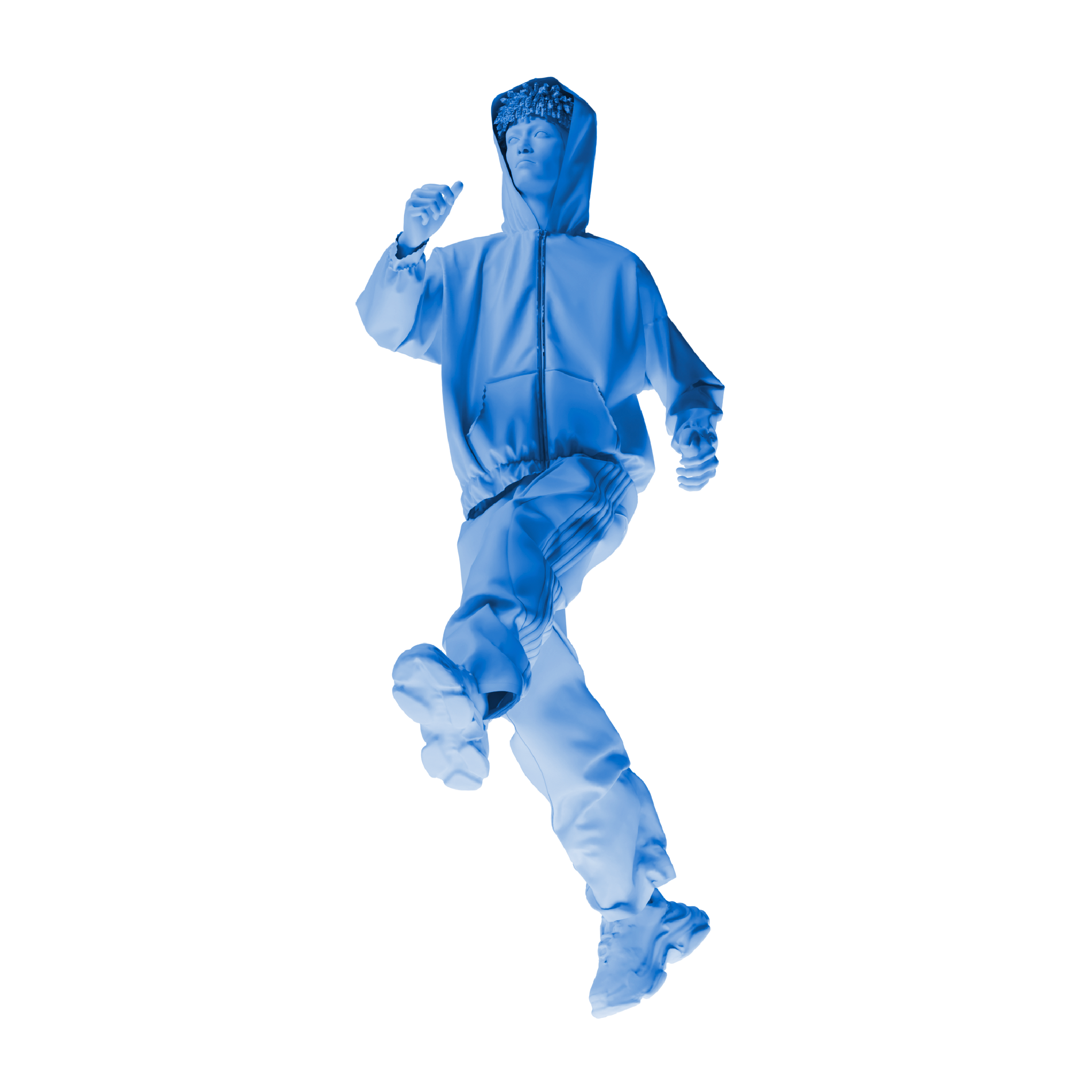 Blue 3D rendering of a person in a hooded jacket and pants taking a large step forward.