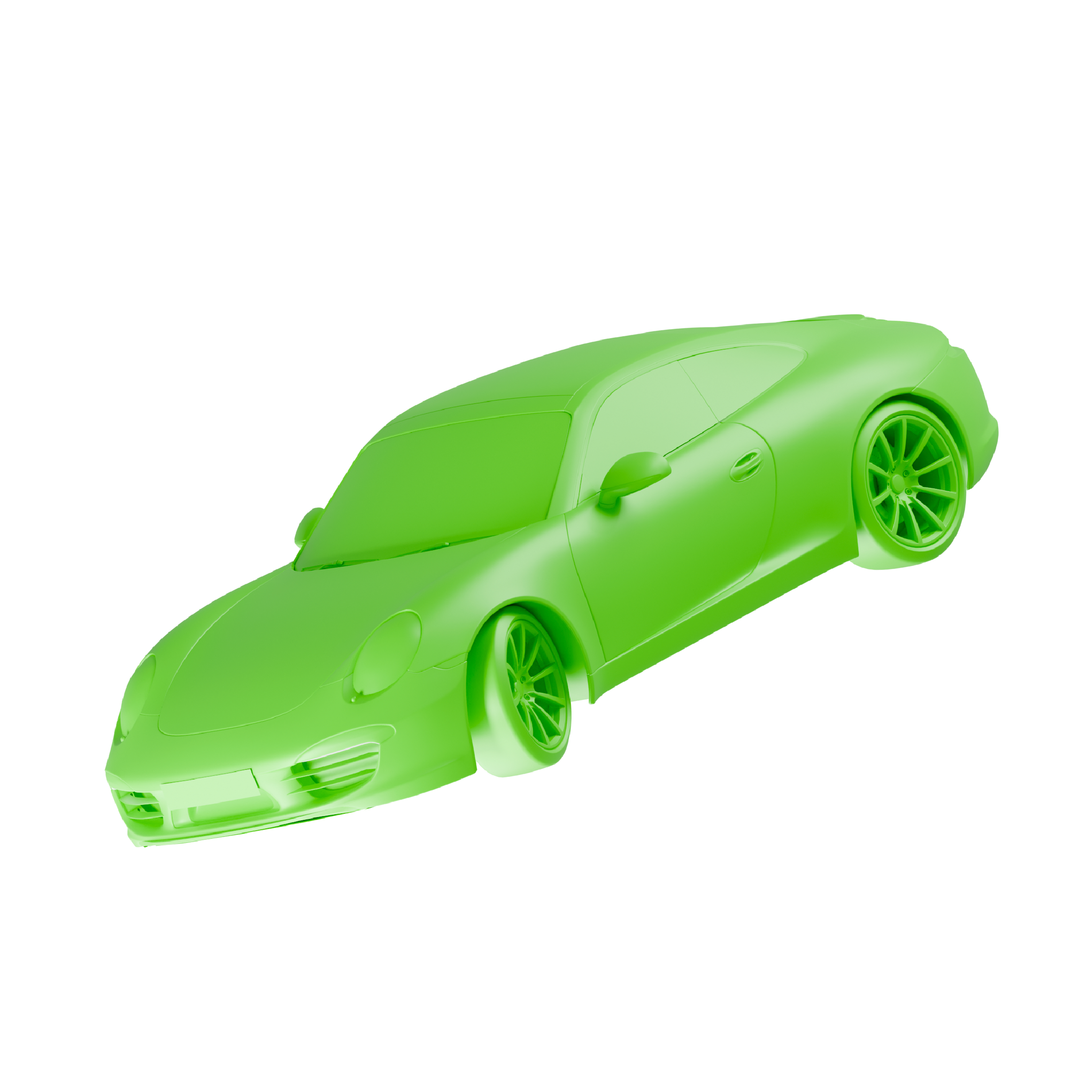 Green 3D model of a sports car viewed from the front side at an angle.