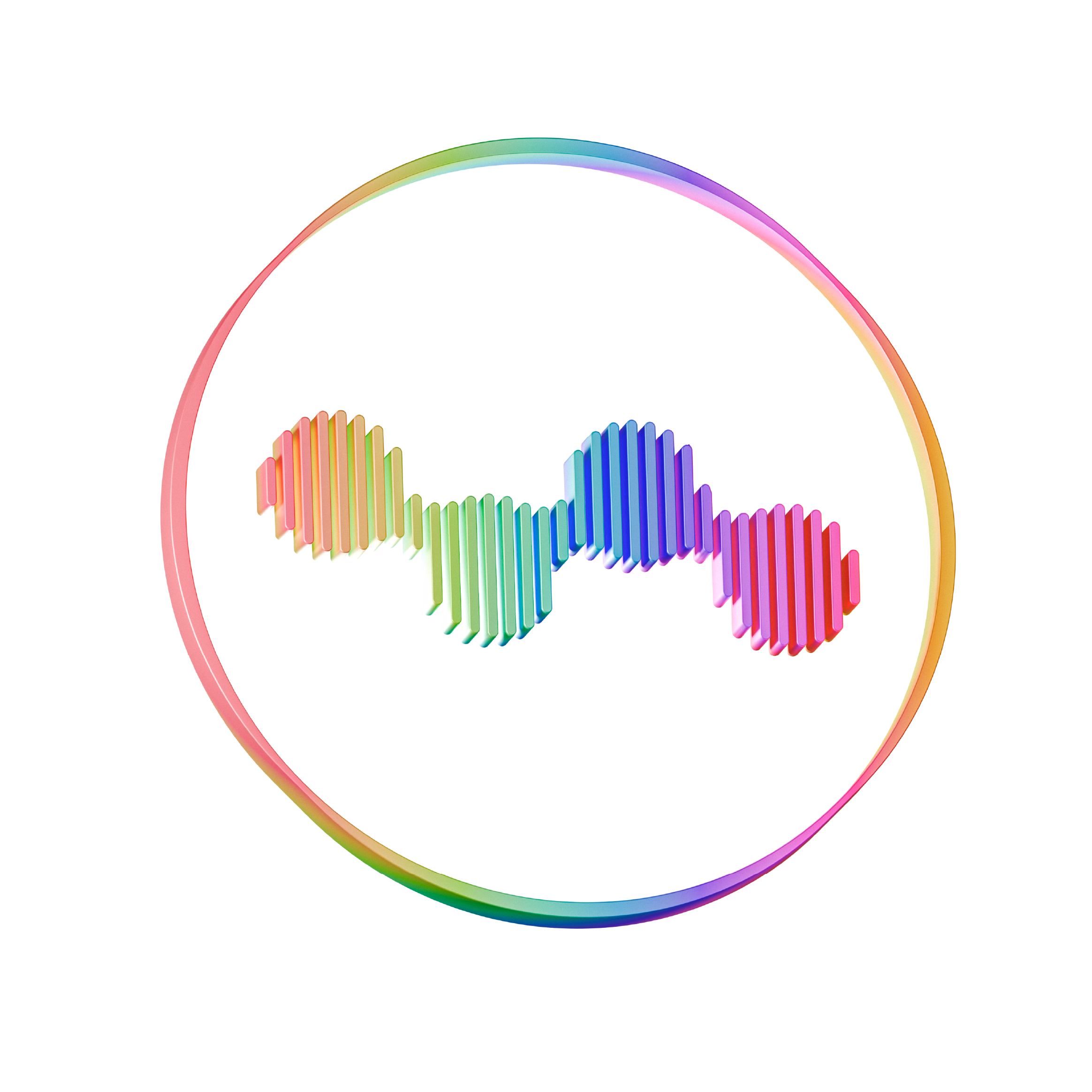 Colorful 3D abstract design with four vertical bar clusters inside a thin, iridescent circular ring on a black background.