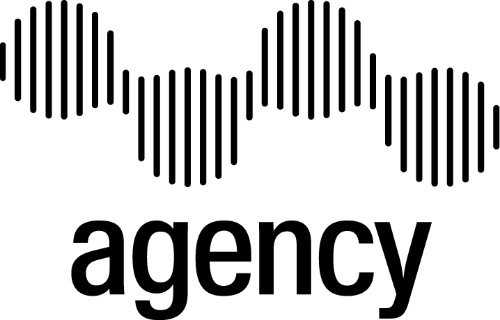 Logo with the word 'agency' in bold lowercase letters beneath a wave pattern made of vertical black lines varying in height.