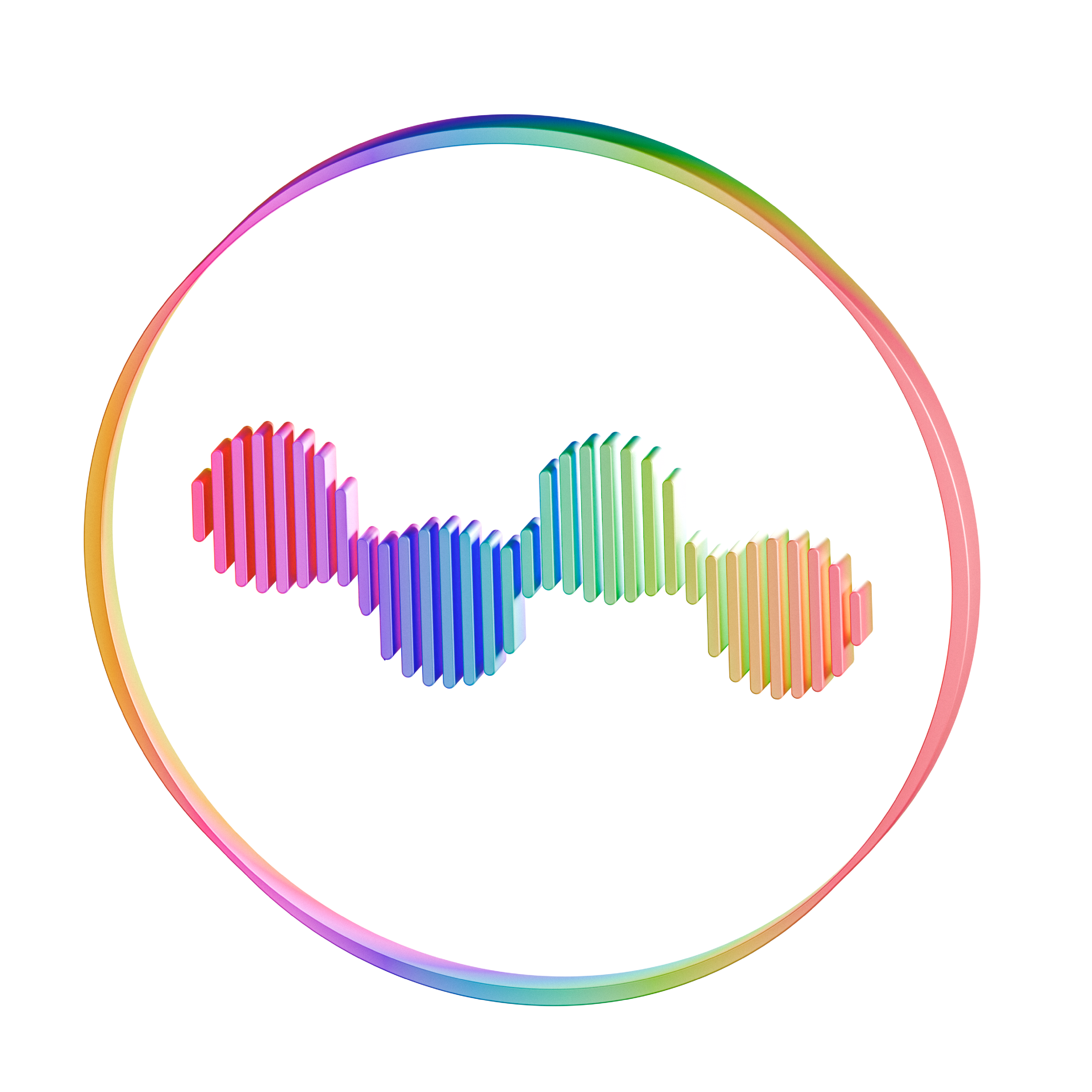 Colorful 3D waveform bars in a circular gradient ring on a black background.