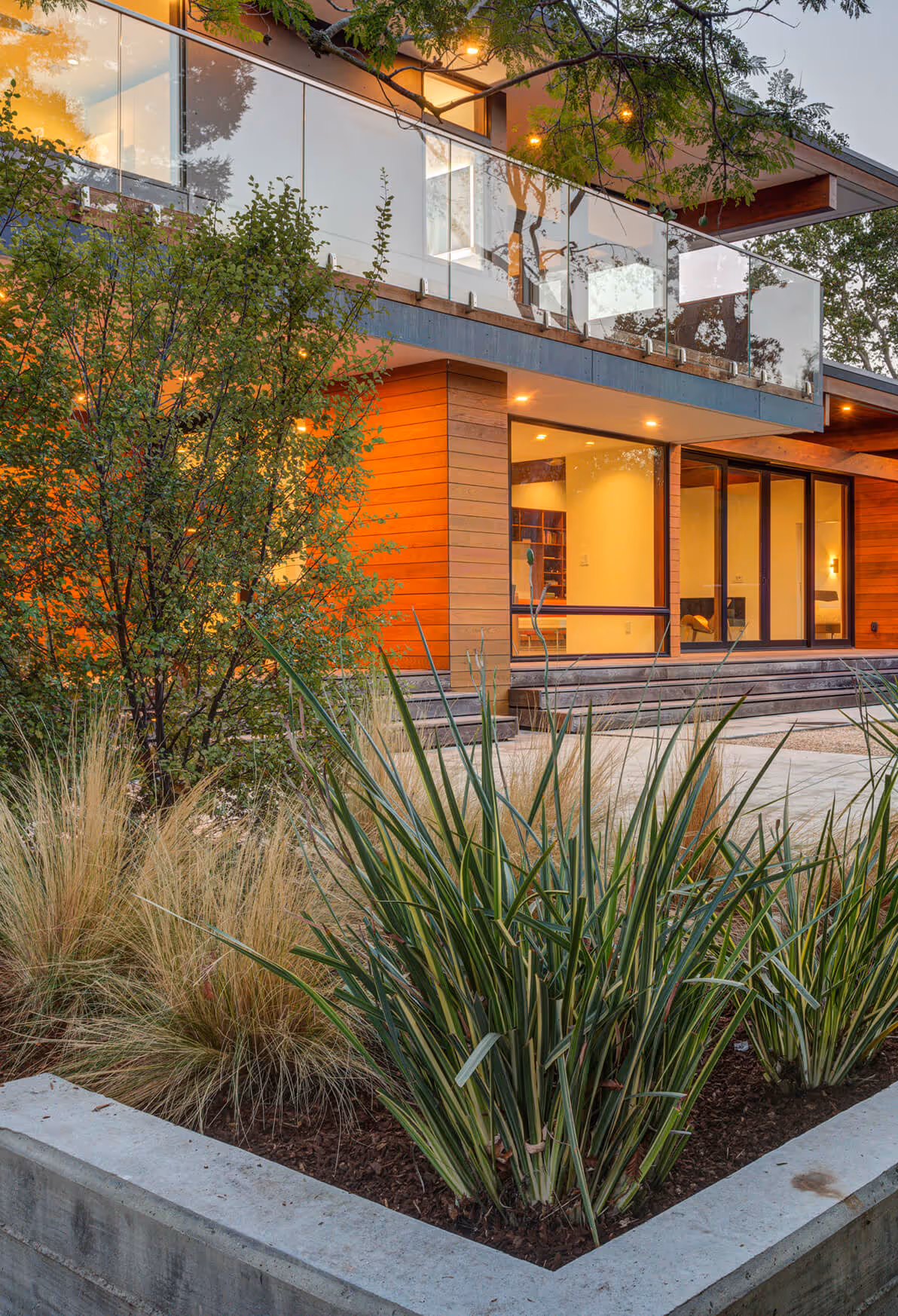 Modern house exterior with large glass windows and balcony, surrounded by landscaped plants and grasses.