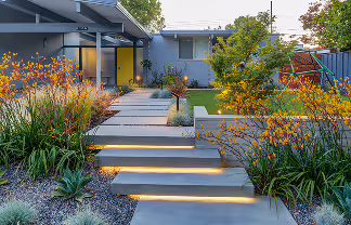 Modern house exterior with concrete steps illuminated by built-in lights, surrounded by lush green plants and flowers.