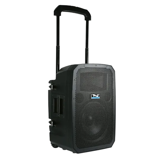 Portable black speaker with telescopic handle and wheels for easy transport.