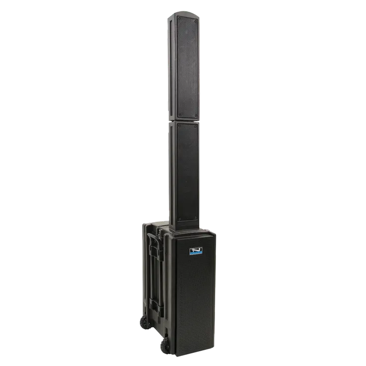 Portable black column array speaker system with wheels and carry handle.