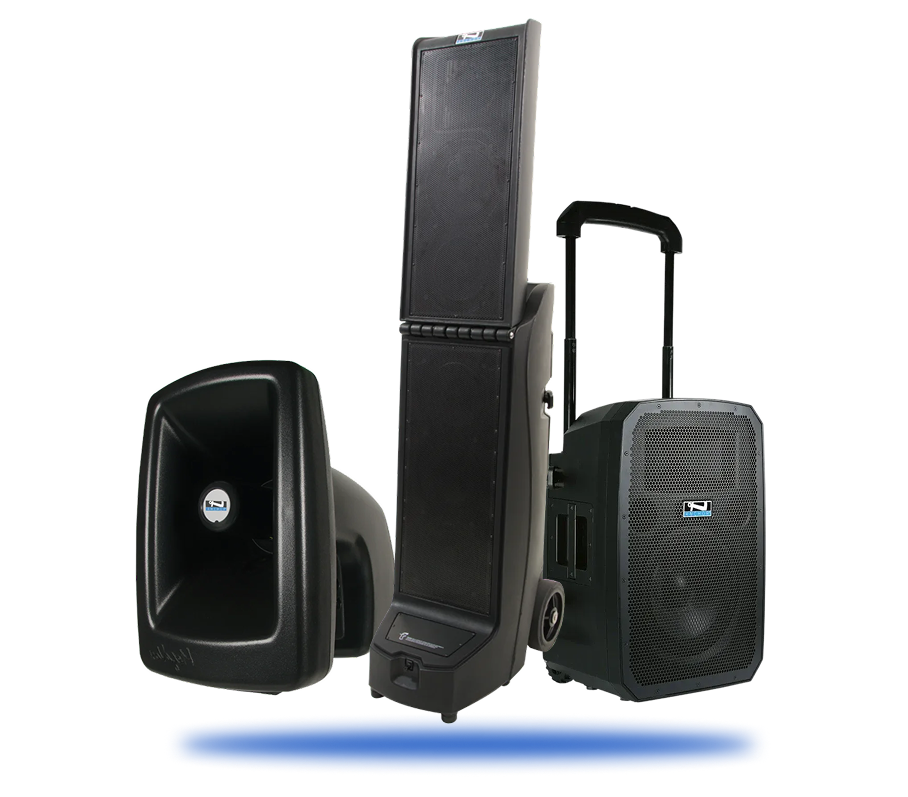 Three black portable audio speakers including a horn speaker, a tall column speaker with wheels, and a speaker with a retractable handle and mesh grille.