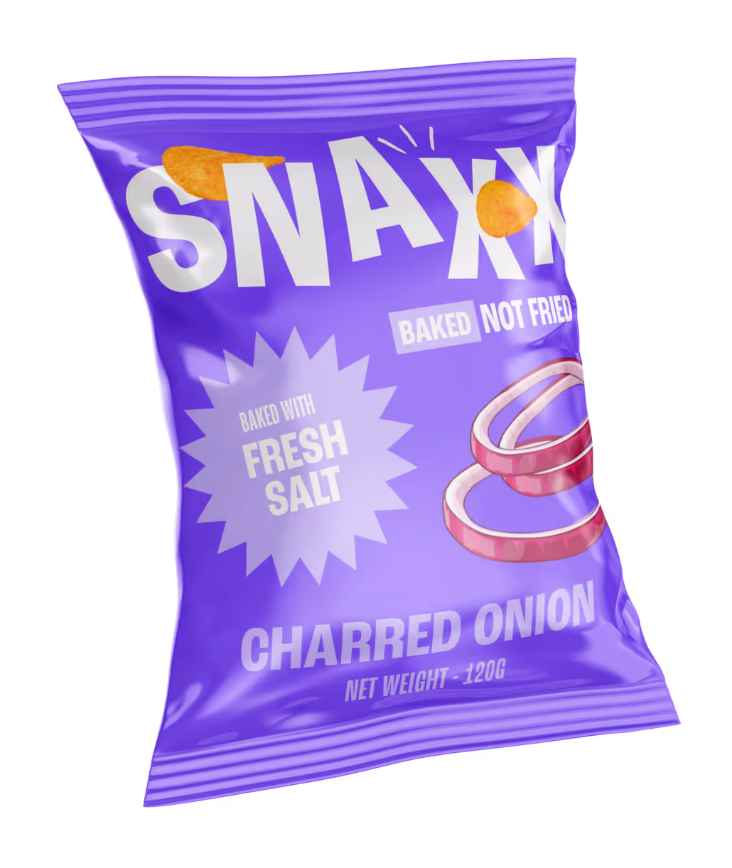 SNAXX Charred Onion baked chips bag with purple packaging.