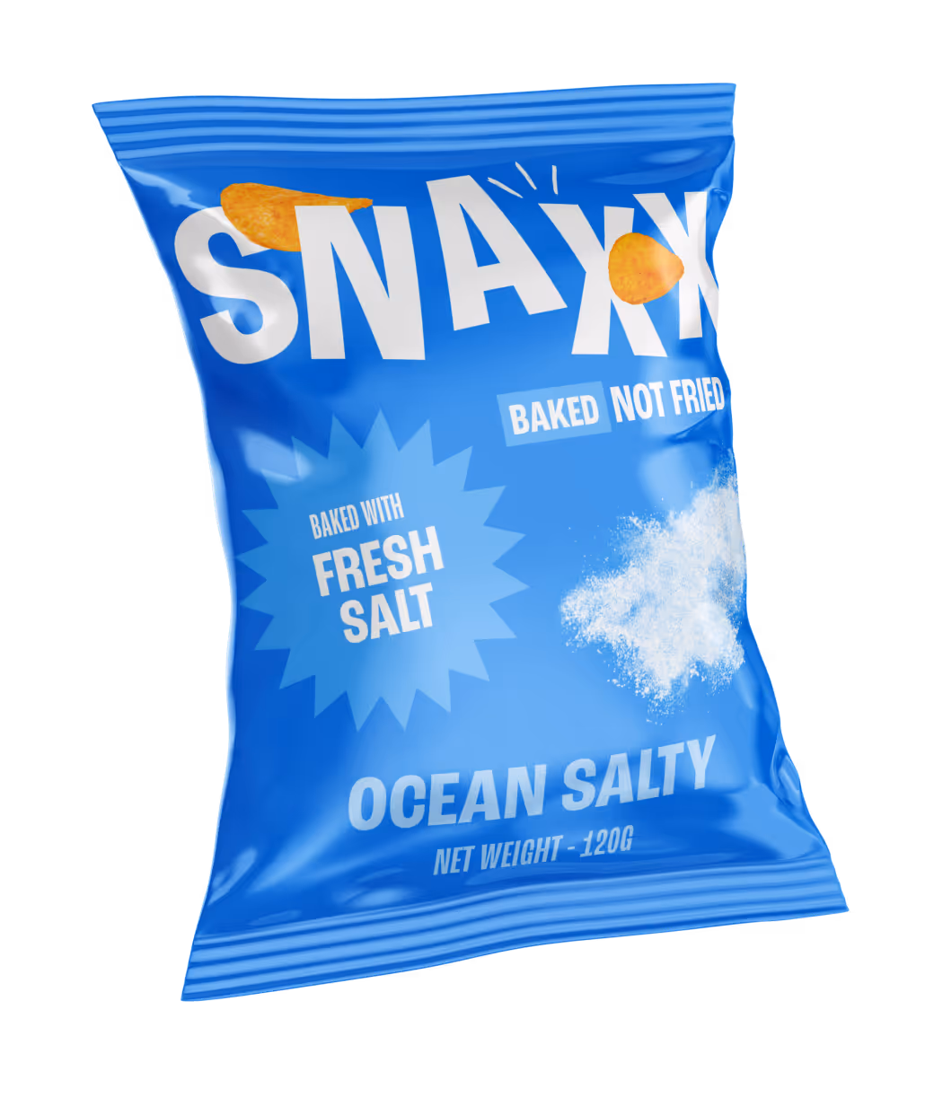 SNAXX Ocean Salty baked chips bag with blue packaging.