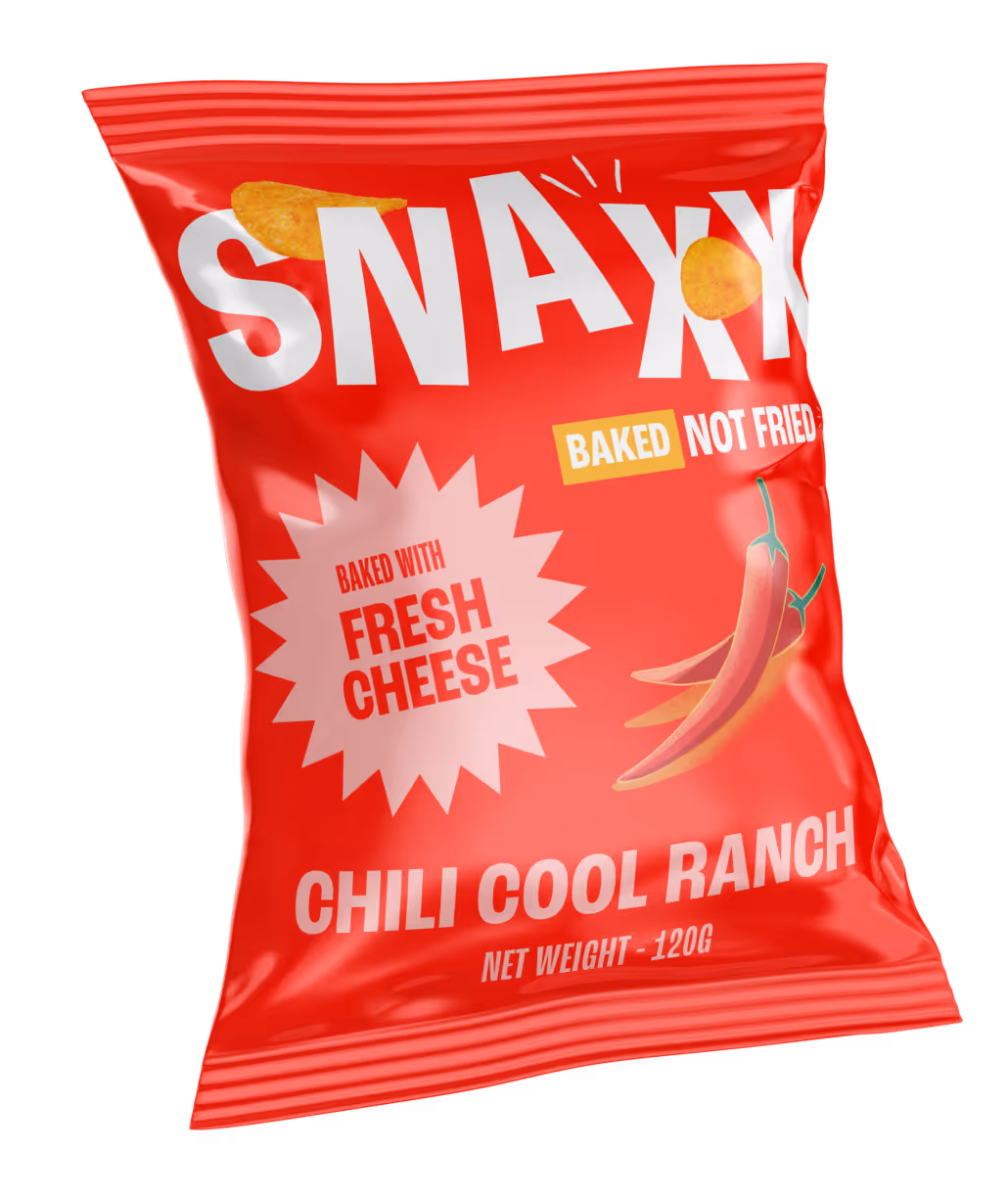 SNAXX Chili Cool Ranch baked chips bag with red packaging.