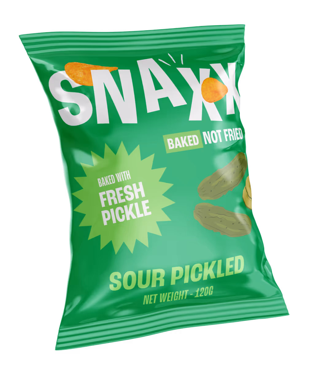 SNAXX Sour Pickle baked chips bag with green packaging.