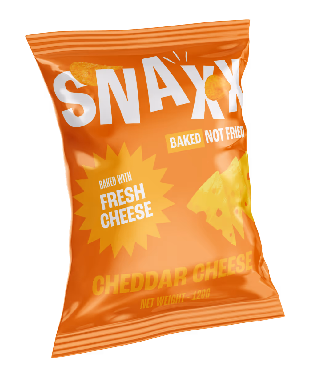 SNAXX Cheddar Cheese baked chips bag with bold orange packaging.