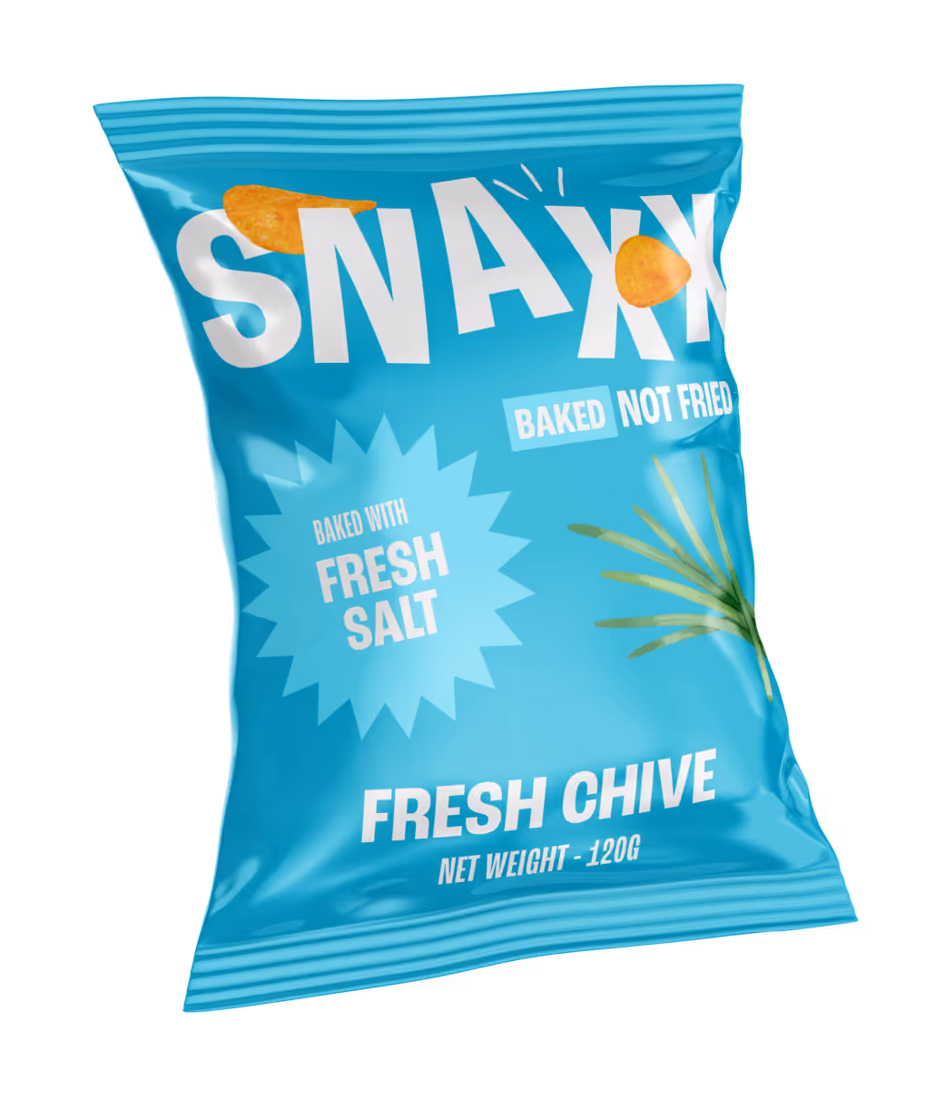 SNAXX Fresh Chive baked chips bag displayed on a neutral background.