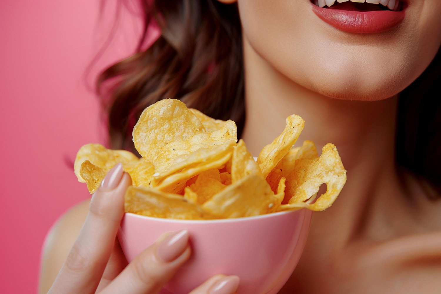 Woman holding a bowl of baked potato chips while snacking.