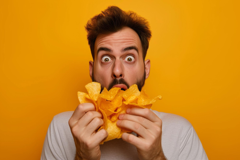 Man eating baked potato chips against a bright yellow background.