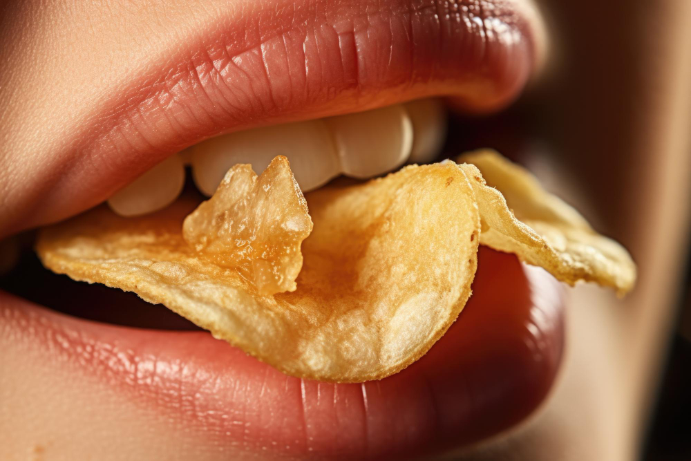 Close-up of a person biting into a SNAXX baked potato chip.