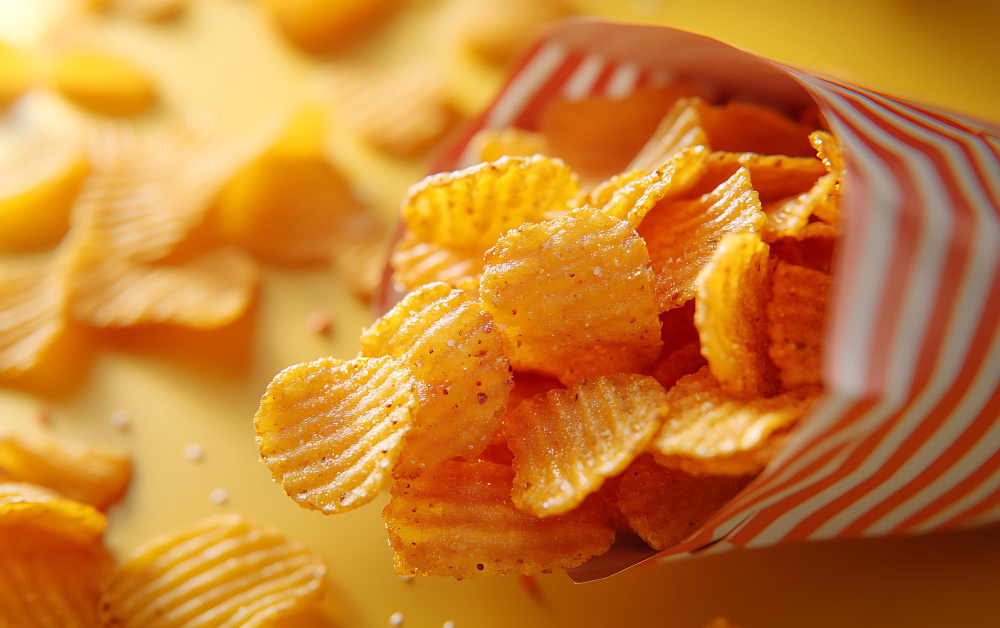 Ridged baked potato chips spilling from a container onto a surface.