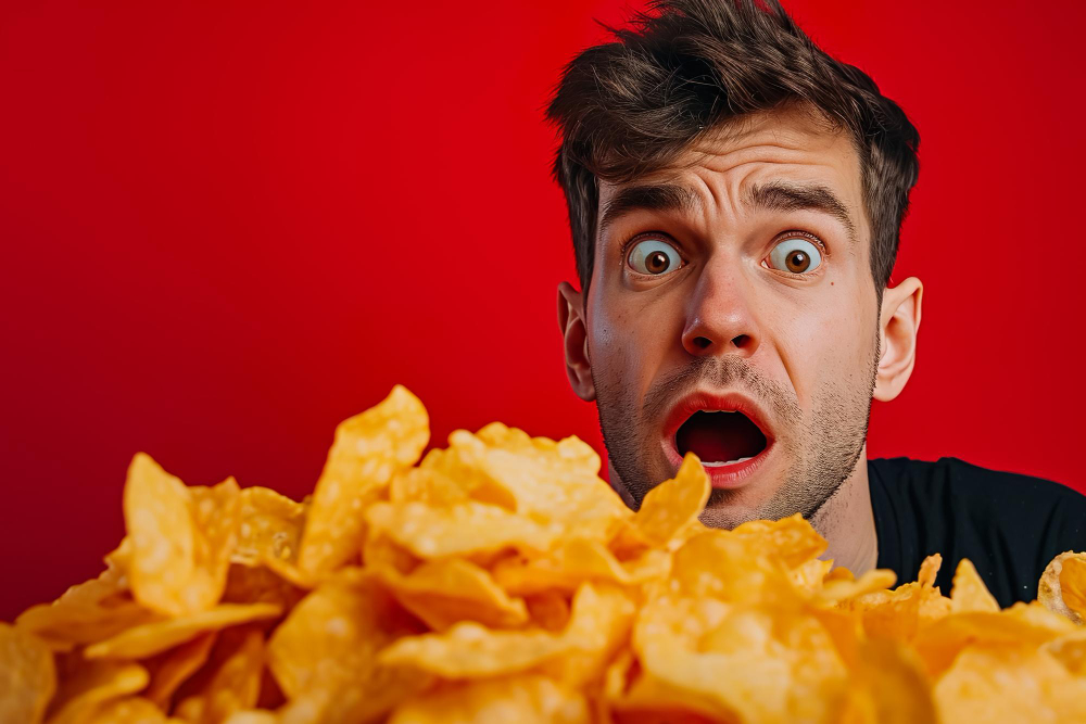 Man holding a large pile of baked potato chips with a surprised expression.