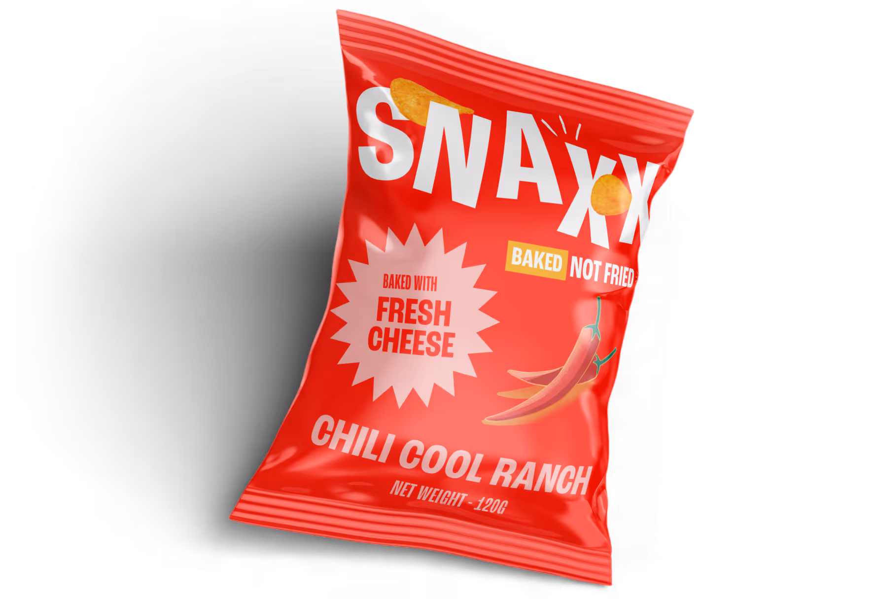 SNAXX Chili Cool Ranch baked chips bag displayed at an angle.