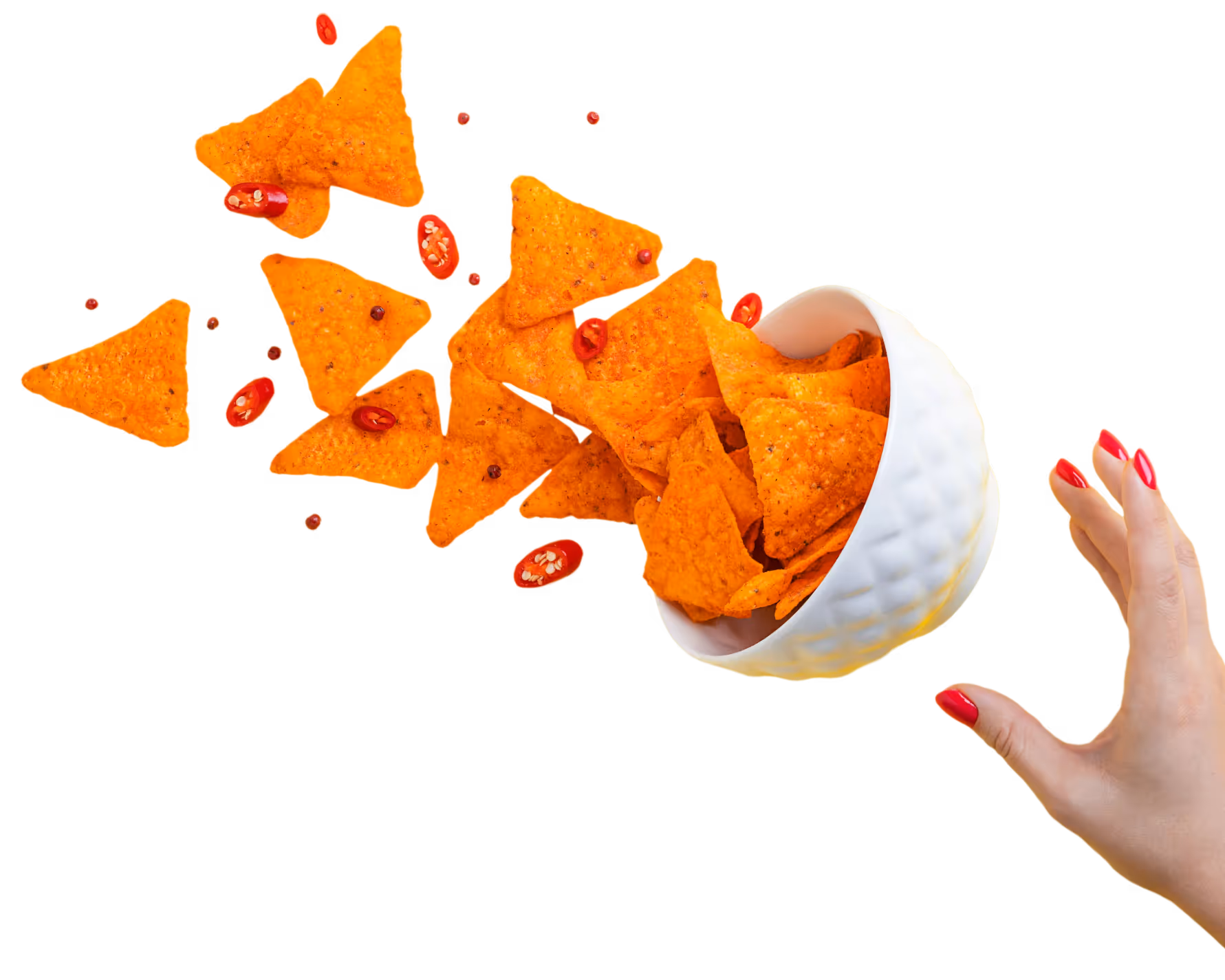 Hand throwing bowl of chips.