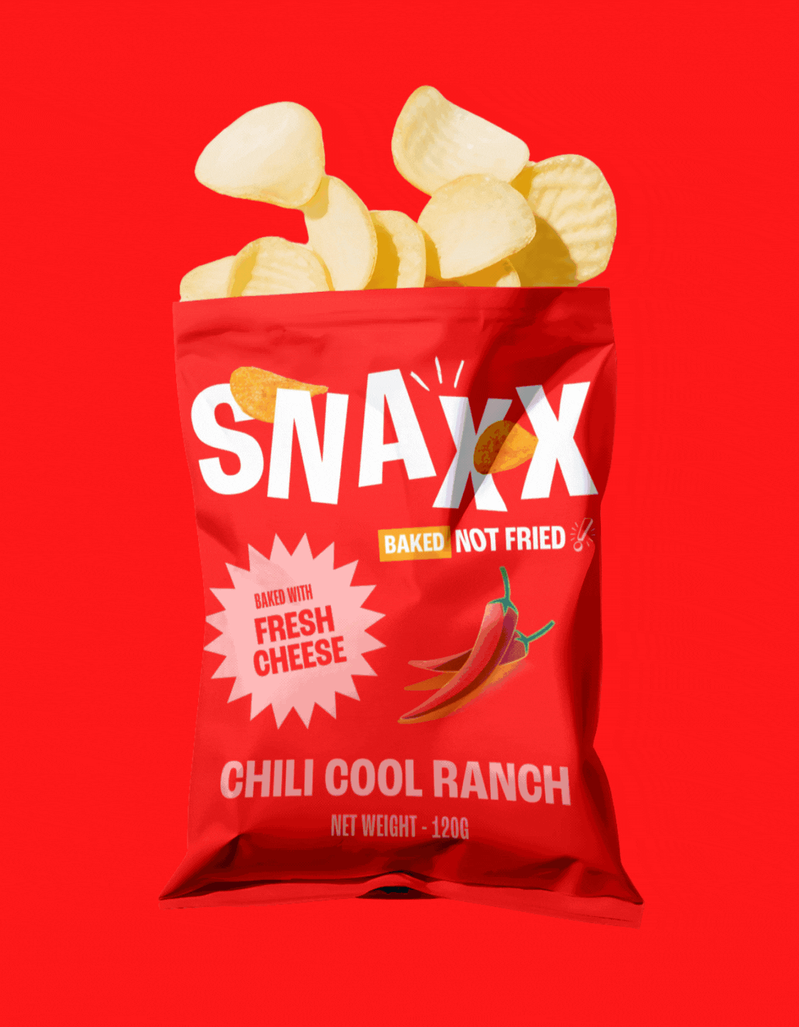 SNAXX Chili Cool Ranch baked chips bag with chips spilling out.