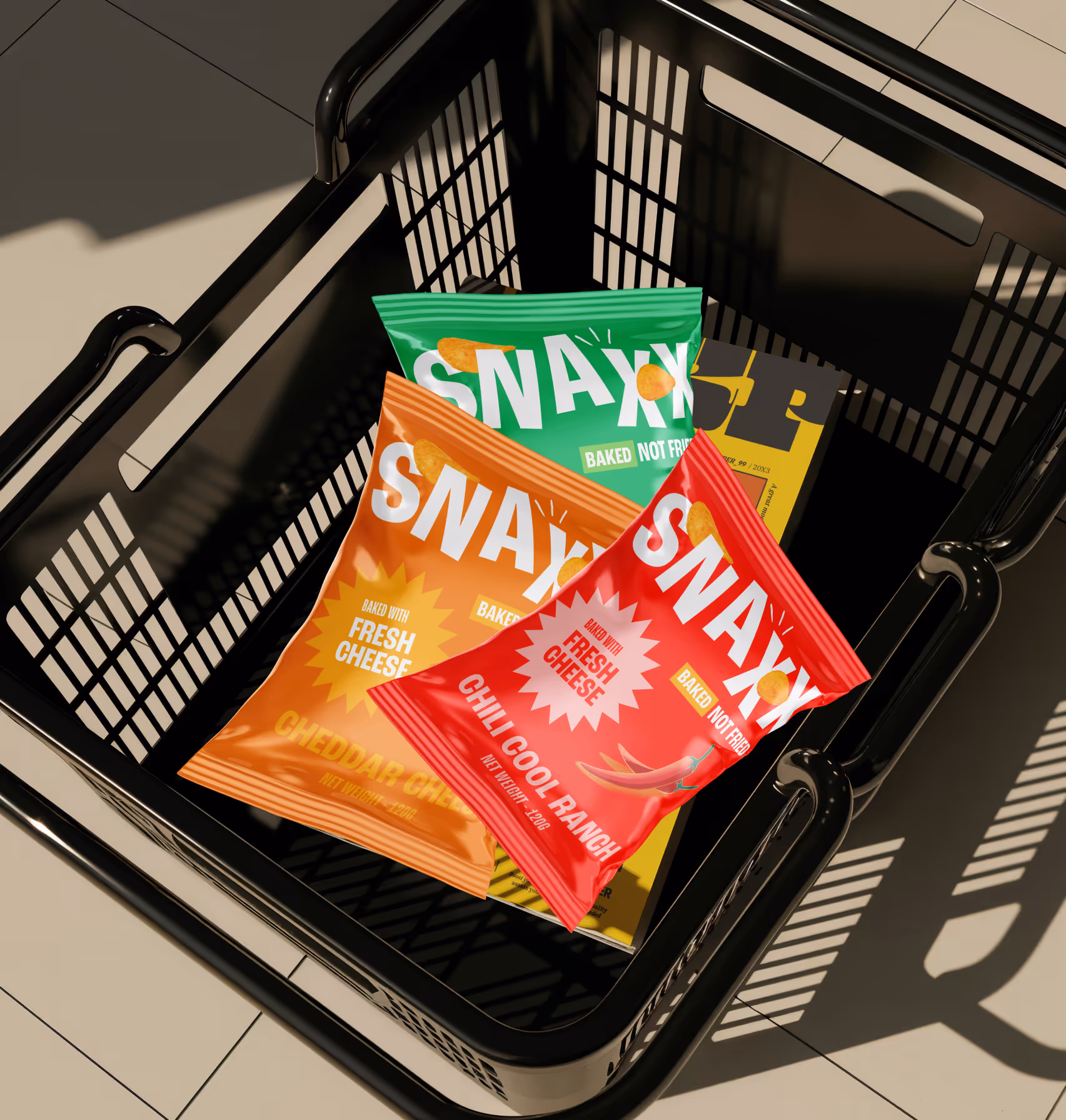 SNAXX baked chips bags placed inside a shopping basket.