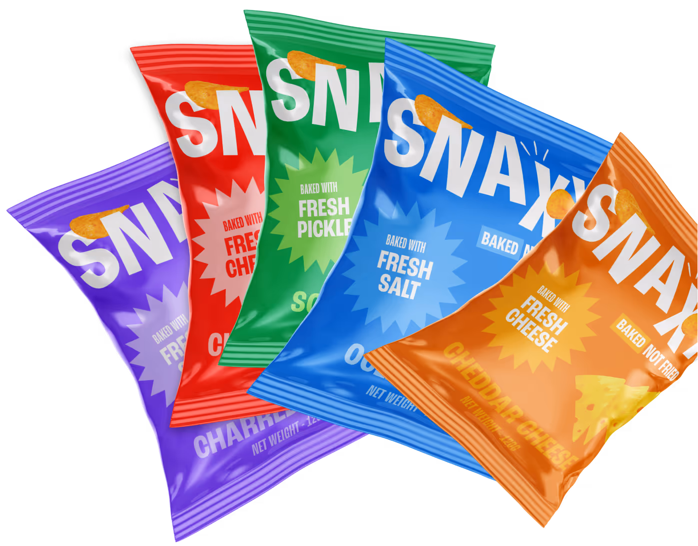 Assorted SNAXX baked chips bags showcasing multiple flavors in one lineup.