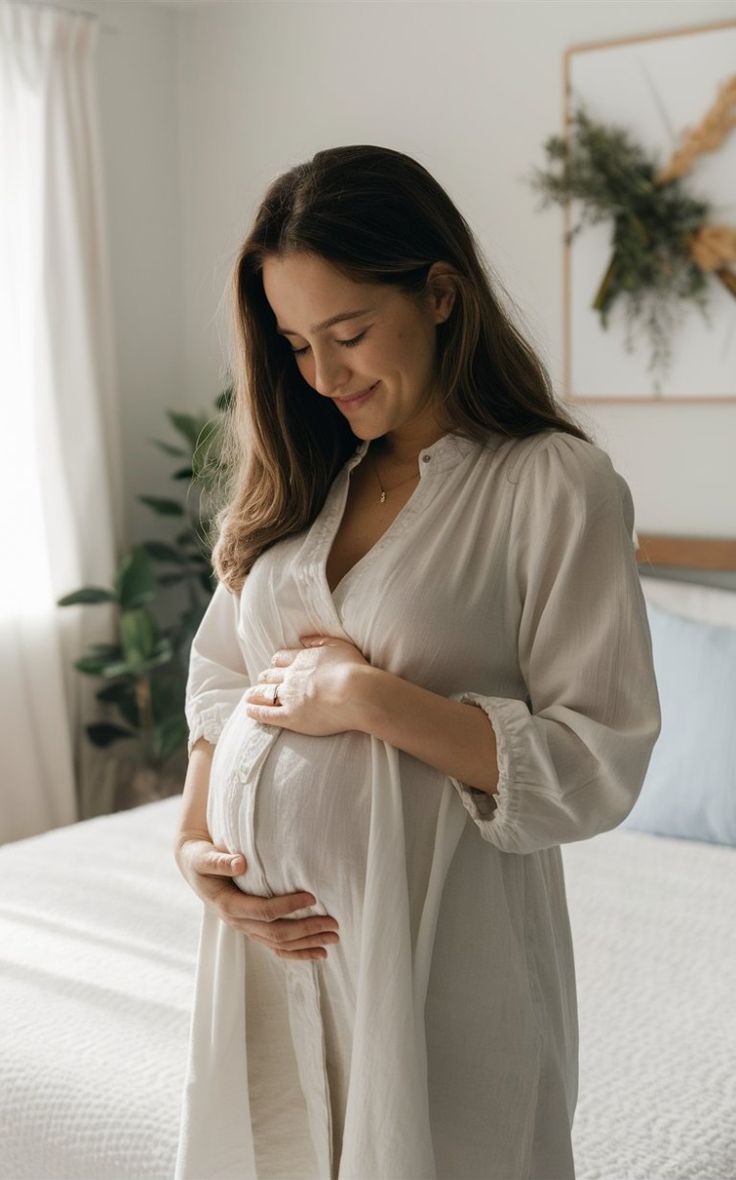  a happy pregnant woman looking down at her stomach in her bedroom