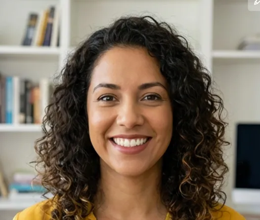 Smiling woman with curly dark hair wearing a yellow top, standing indoors with bookshelves and a computer in the background.