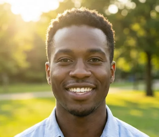Smiling young Black man with short curly hair in light blue shirt outdoors in soft sunlight.