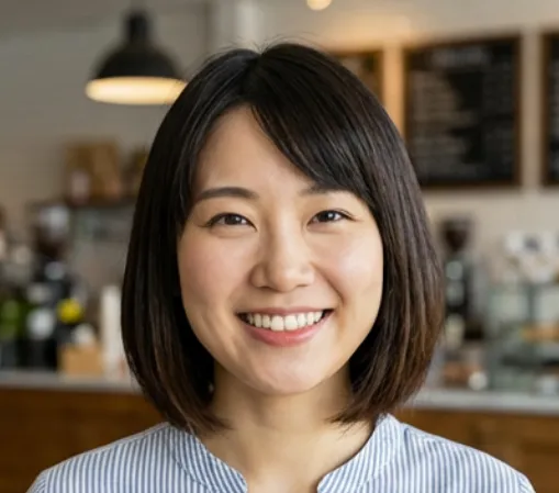 Smiling woman with straight black hair and striped blouse in a cafe setting.