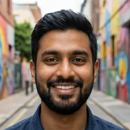 Smiling man with black hair and beard standing on a street lined with colorful graffiti walls.