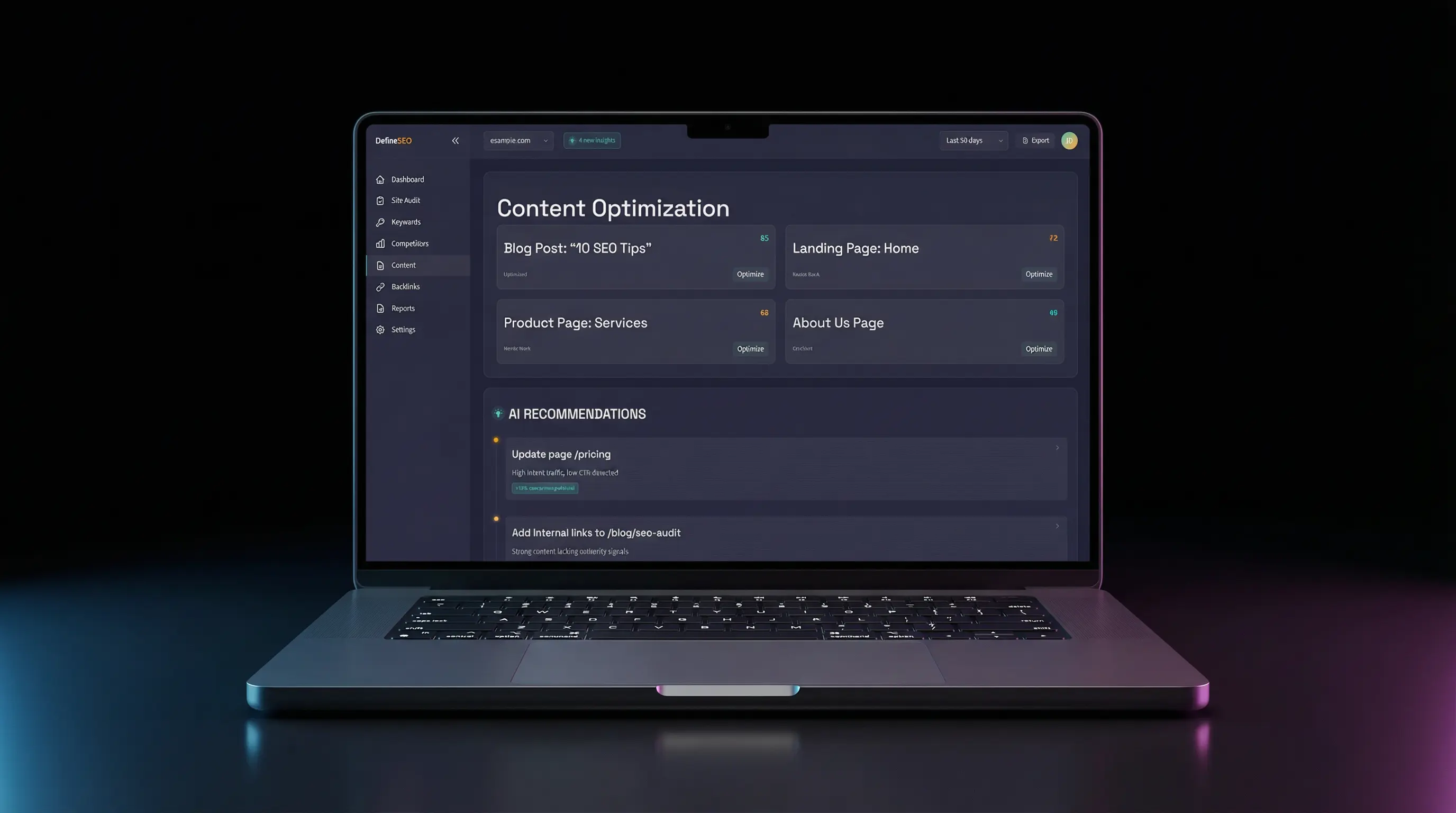 Laptop screen displaying a content optimization dashboard with SEO tips, landing page, product page, about us page, and AI recommendations.