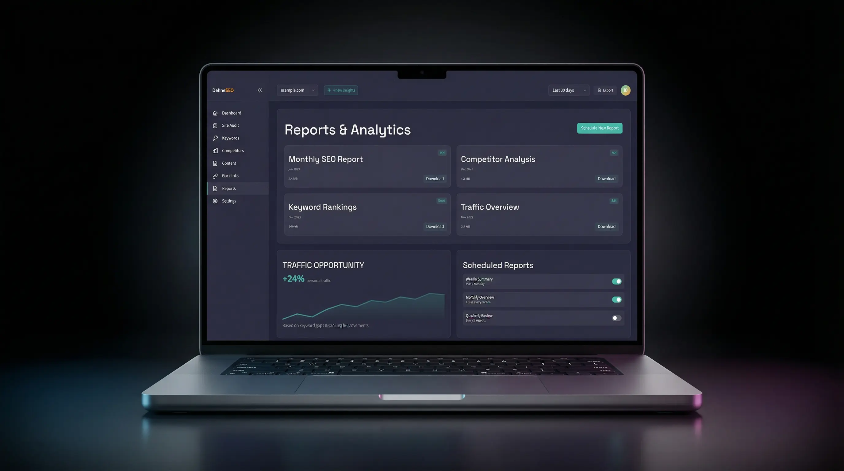 Laptop screen showing a dashboard titled Reports & Analytics with sections for Monthly SEO Report, Competitor Analysis, Keyword Rankings, Traffic Overview, Traffic Opportunity graph, and Scheduled Reports toggles.