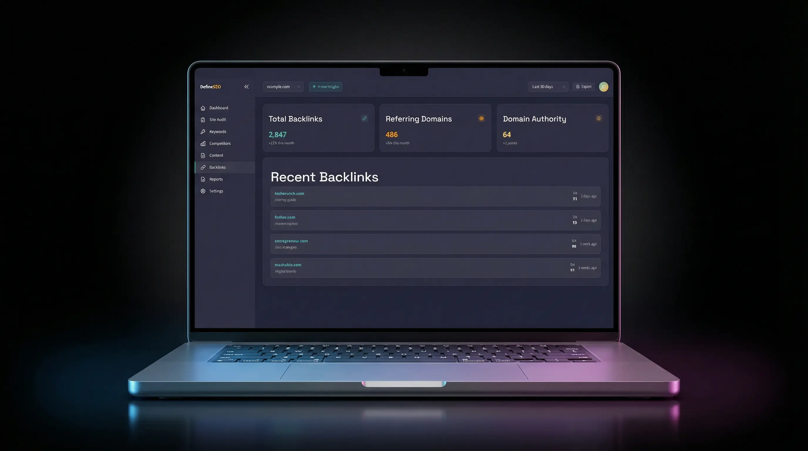 Laptop displaying an SEO dashboard with metrics for total backlinks, referring domains, domain authority, and recent backlinks list.